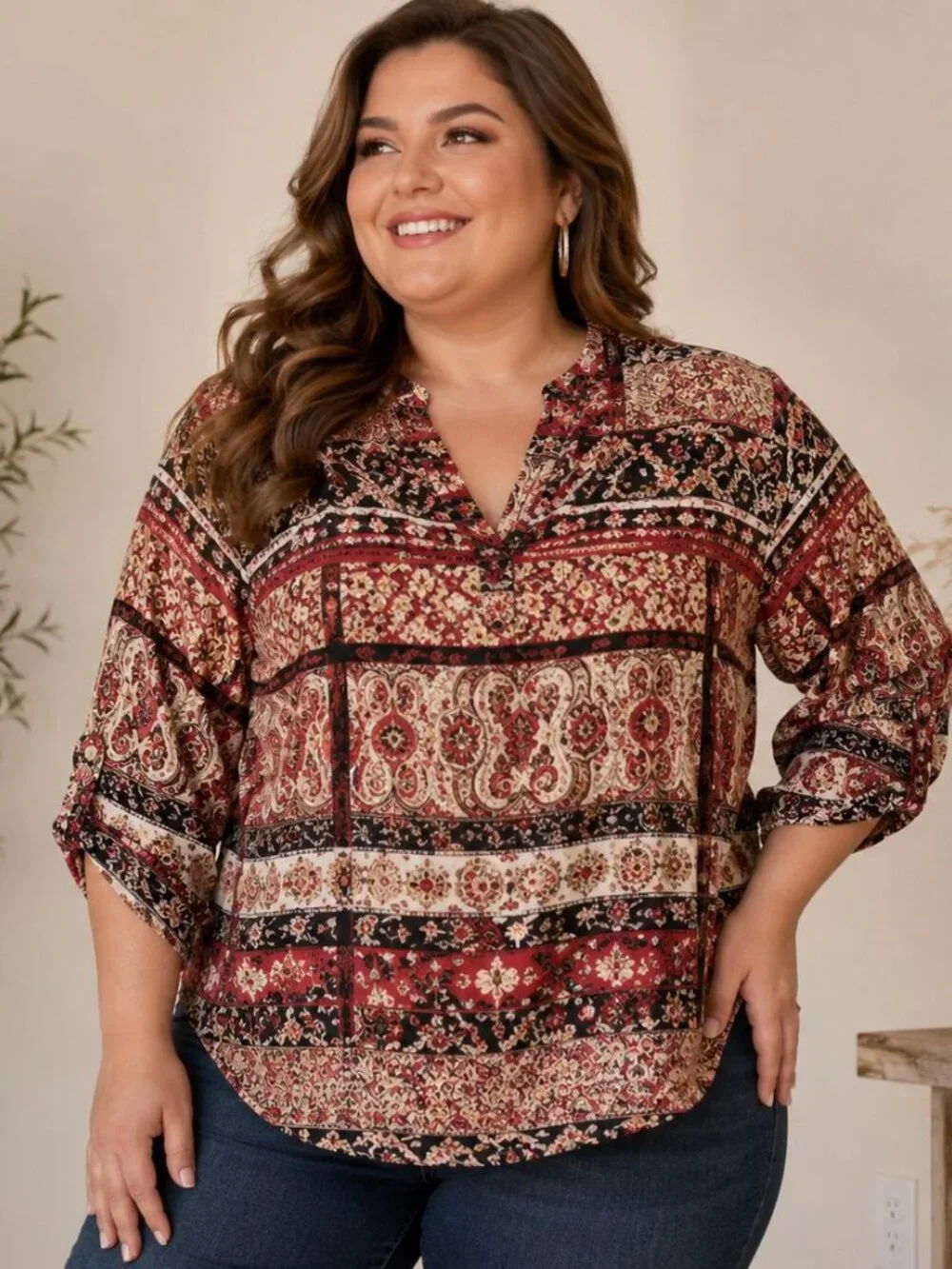Cato Boho Paisley Medallion Blouse Red Black Tan V-Neck Tab Sleeve size 22/24